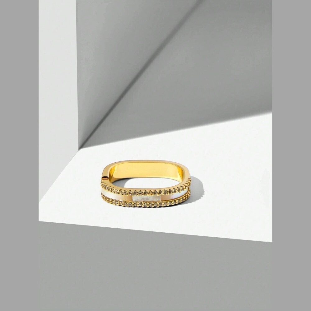 Gold Square Ring with Mother-of-Pearl Inlay & Pave Trim